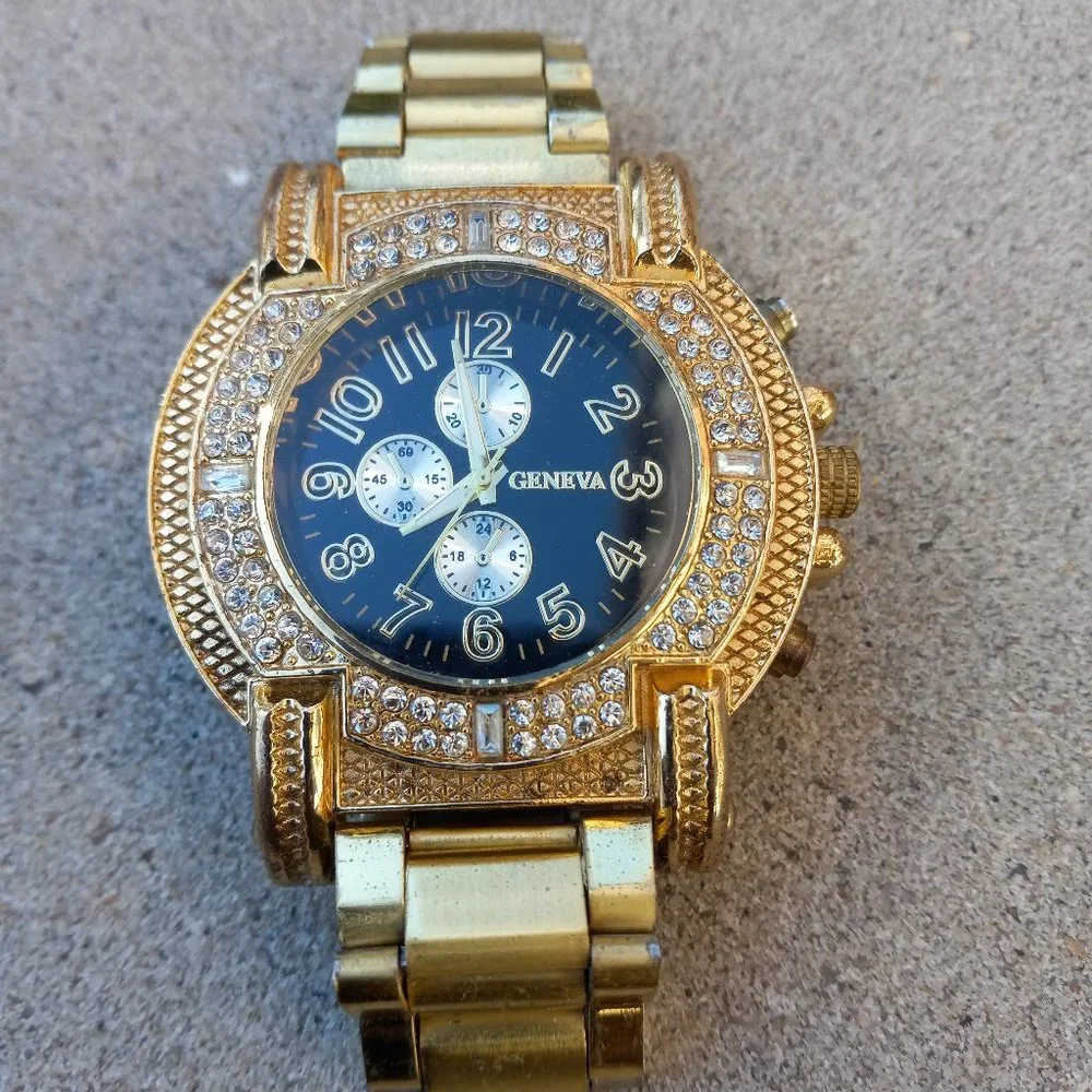 Mens GENEVA Oversized Wrist Watch Gold Rapper Bling Bling